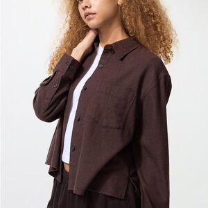 Uniqlo Women's Flannel Boxy long sleeve cropped Dark brown